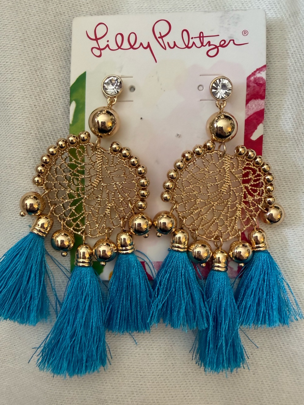 Lilly Pulitzer Cumulus Blue Tassel Drop Earrings with Gold Beads